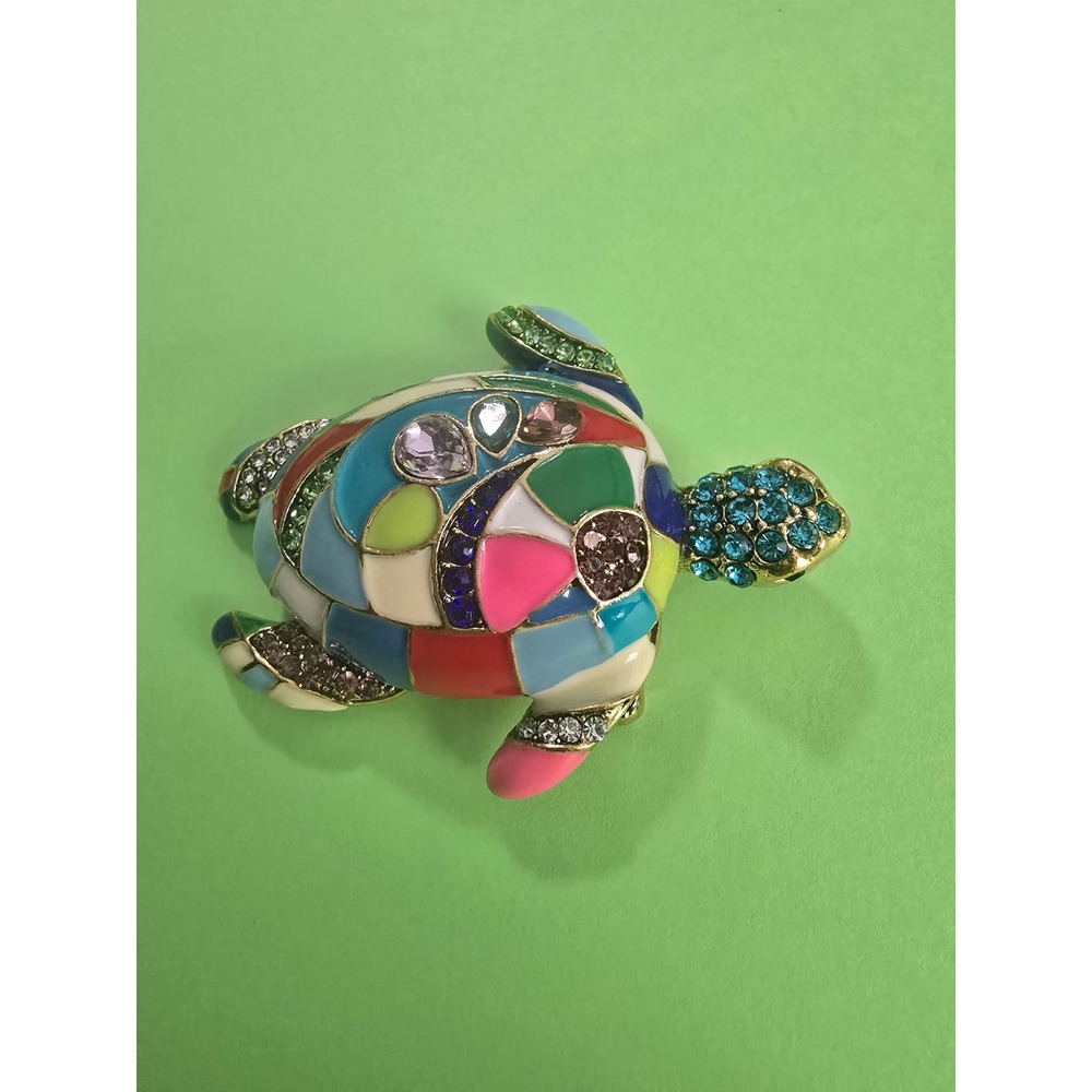 Multi Color Enamel Turtle Brooch Gold Tone Rhinestone Sea Turtle Pin Accessory - Picture 2 of 6